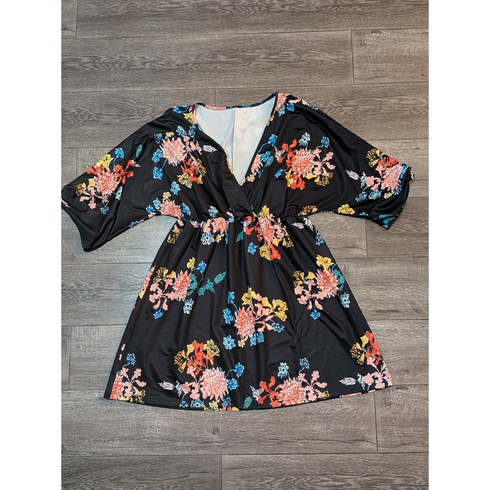 Floral Surplice Mini Dress Black Multicolor Kimono Sleeve XXL V-Neck Stretch
